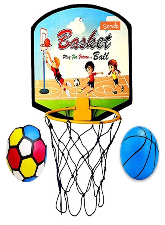 Sarvda Basket Ball for Kids Basketball Set with 1 Extra Ball Toys for Boys and Girls Portable Set with Hanging Board, Net, 2 Ball, Indoor Outdoor Games Birthday Return Gift Standard - Image 1
